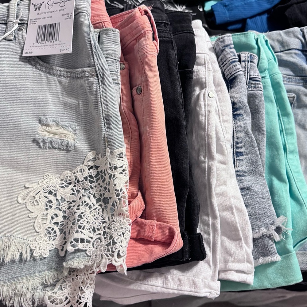 Women's Jean Shorts with Lace Trim - Light Blue